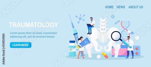 Orthopedic traumatology and trauma surgery. Vertebrologist examine human vertebra. Doctor team engaged in lower spine, hip joint skeleton, pelvic injury inspection. Spine backbone disease diagnostics