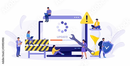 System Update. Tiny programmers upgrading operating system. IT specialists updating software, programs and applications. Technical error and service. Computer screen with updating progress bar.