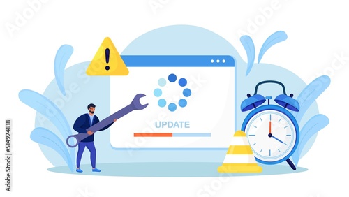 System Update. Tiny programmers upgrading operating system. IT specialists updating software, programs and applications. Technical error, service. Web page with updating progress bar and alarm clock