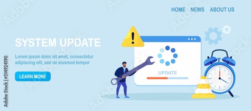 System Update. Tiny programmers upgrading operating system. IT specialists updating software, programs and applications. Technical error, service. Web page with updating progress bar and alarm clock