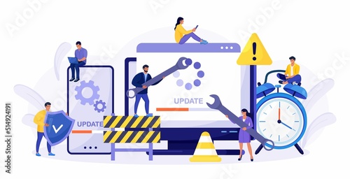 System Update. Tiny programmers upgrading operating system. IT specialists updating software, programs and applications. Technical error and service. Computer, phone screen with updating progress bar
