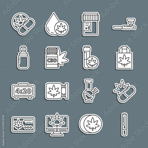 Set line Marijuana joint, Medical pills with marijuana, Shopping paper bag of, bottle cannabis, or olive oil, Herbal ecstasy tablets and Chemical test tube icon. Vector