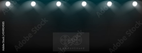 Cinema show horror background. Lights, spotlights shine in darkness. Media service, online tv poster. To be continued vector banner