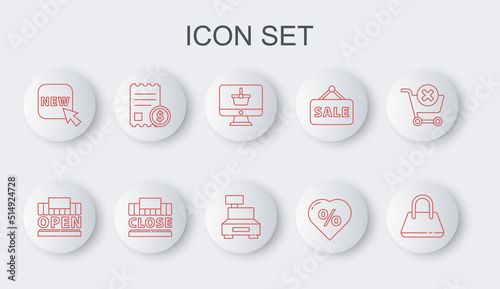 Set line Handbag, Shopping building open, Monitor with shopping basket, Discount percent tag heart, Button text New, Paper check financial check, closed and Cash register machine icon. Vector
