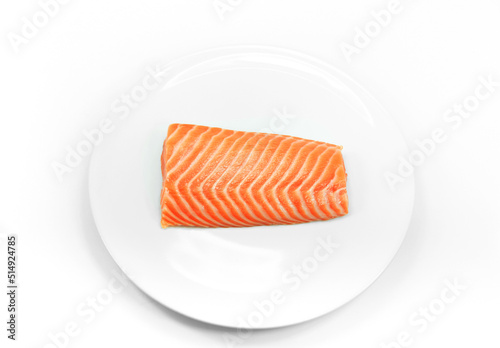 raw fish Salmon on white dish on white background ,salmon steak
