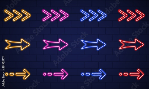 Glowing Neon Arrows of Different Colors. Colorful Neon Right Arrows Icons on Dark Wall Background. Location Indicator Casino, Bar, Night Club, Cinema and Motel. Isolated Vector Illustration
