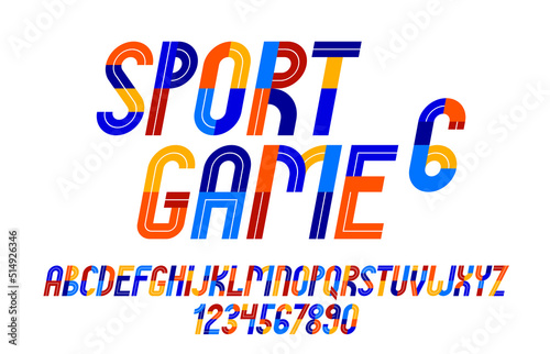 Sport game font, vector retro trendy geometric alphabet letters set, italic speed typeface, numbers included, 90s style logo creation.