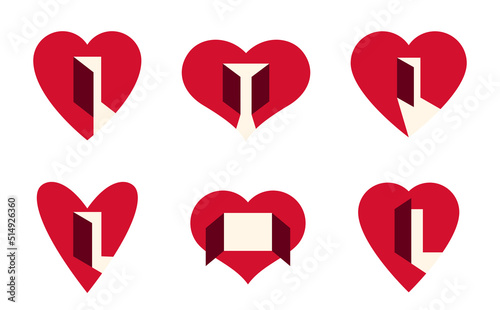 Hearts open with doors vector simple icons or logos set, graphic design elements with concept of being open for new feelings, help aid and assistance idea, care and family.