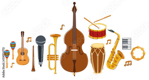 Jazz music band concept different instruments vector flat illustration isolated on white background, live sound festival or concert, musician different instruments set.