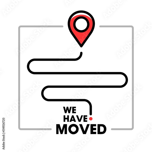 we have moved minimal icon with pin. relocation simple illustration. flat stroke trendy locator logotype graphic art simple design illustration element isolated on white background. moved store vector