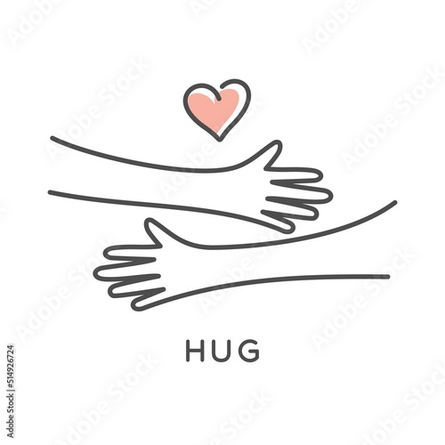 hug symbol. Hands hugs simple vector illustration with heart love symbol icon in line outline style vector design. Hands hugged over white vector illustration. 