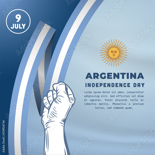Square Banner illustration of Argentina independence day celebration. Waving flag and hands clenched. Vector illustration.