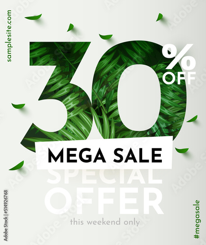 30 percent Off. Discount creative composition. Summer sale banner with decorative objects, palm leaves and gift box. Sale banner and poster.