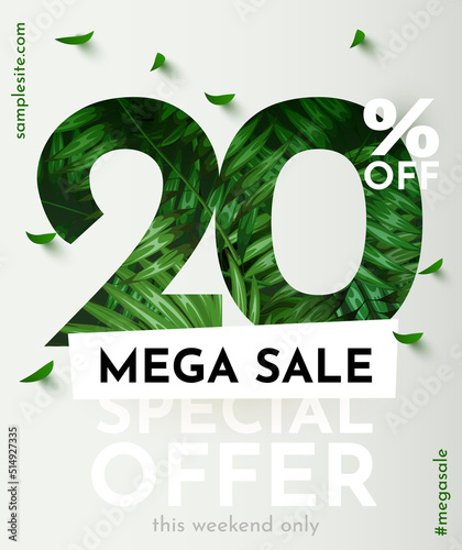 20 percent Off. Discount creative composition. Summer sale banner with decorative objects, palm leaves and gift box. Sale banner and poster.