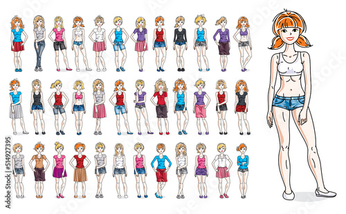 Casual wear clothes cute and attractive women vector illustrations big collection isolated on white background, perfect slim curvy body gorgeous female drawings, diverse people girls set.