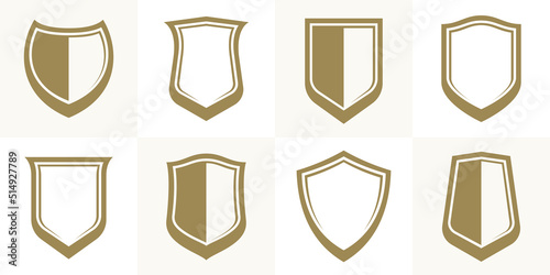 Classic shields vector set, ammo emblems collection, defense and safety icons, empty and blank design elements.