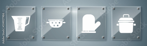 Set Cooking pot, Oven glove, Kitchen colander and Measuring cup. Square glass panels. Vector