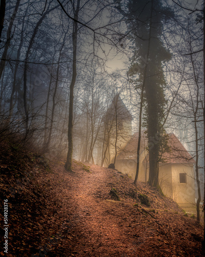 Church in the misty forest