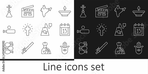 Set line Hamsa hand, Independence day India, map, Christian cross, Wood cricket bat ball, Hookah, Tea bag and Bollywood indian cinema icon. Vector