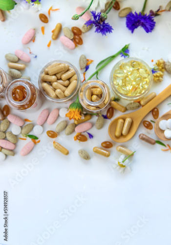 Homeopathy and dietary supplements from medicinal herbs. Selective focus.