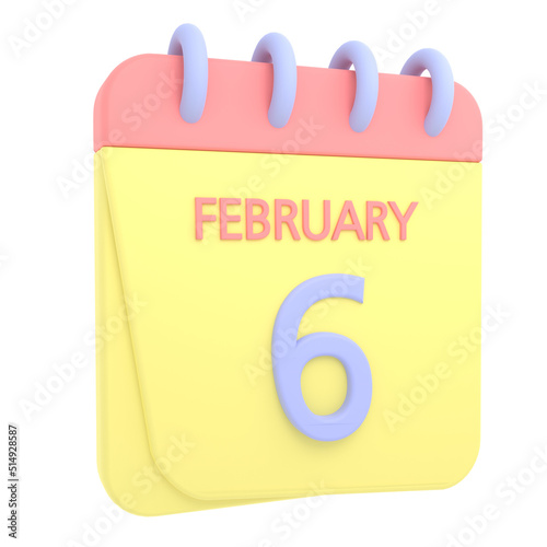 6th February 3D calendar icon. Web style. High resolution image. White background