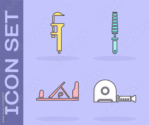 Set Roulette construction, Calliper or caliper and scale, Wood plane tool and Chisel tool for wood icon. Vector