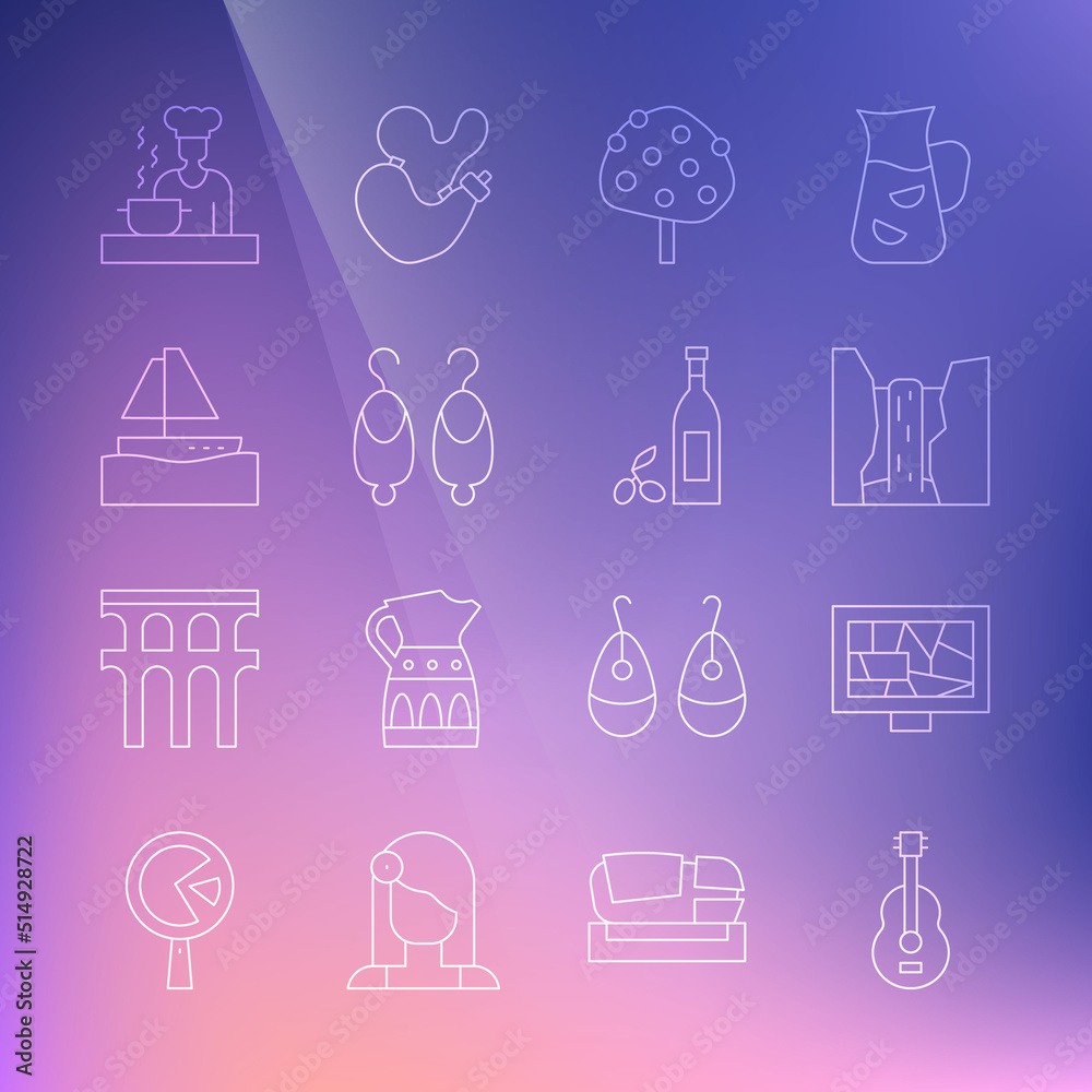 Set line Spanish guitar, Picture art, Algar waterfall, Orange tree, Earrings, Yacht sailboat, cook and Bottle of olive oil icon. Vector Set line Spanish guitar, Picture art, Algar waterfall, Orange tree, Earrings, Yacht sailboat, cook and Bottle of olive oil icon. Vector