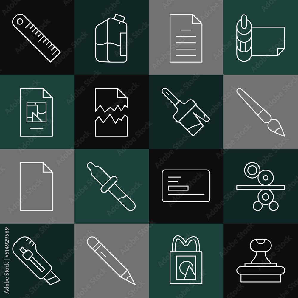 Set line Stamp, Paper roll of printing press, Paint brush, File document, Torn, Ruler and icon. Vector Set line Stamp, Paper roll of printing press, Paint brush, File document, Torn, Ruler and icon. Vector