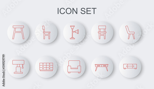 Set line Chest of drawers, Table lamp, Floor, Office desk, Chair, and Armchair icon. Vector