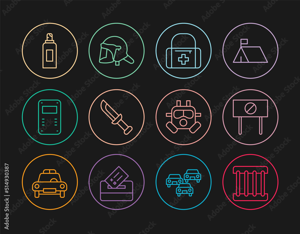 Set line Prison window, Protest, First aid kit, Military knife, Police assault shield, Paint spray can, Gas mask and helmet icon. Vector Set line Prison window, Protest, First aid kit, Military knife, Police assault shield, Paint spray can, Gas mask and helmet icon. Vector