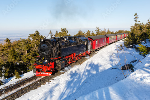 Brockenbahn Steam train locomotive railway on Brocken mountain in Germany