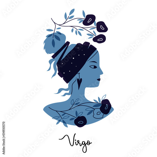 Virgo zodiac sign. Female blue silhouette with flowers and a turban on her head. Vector illustration of an astronomical sign with a girl isolated on a white background. Horoscope with zodiac Virgo.