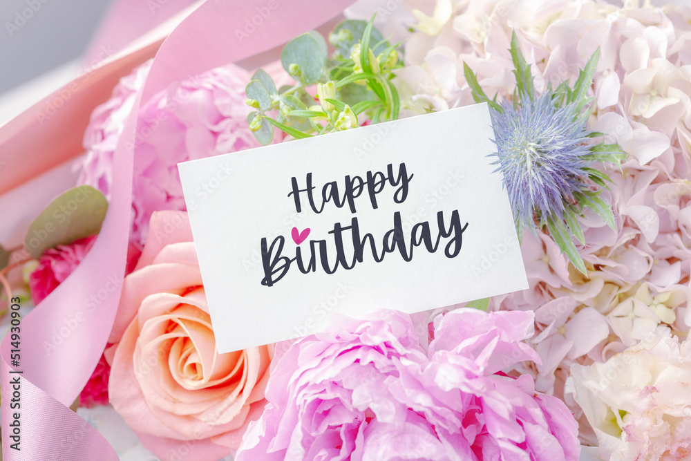 Happy birthday card on beautiful flower bouquet background Stock Photo ...