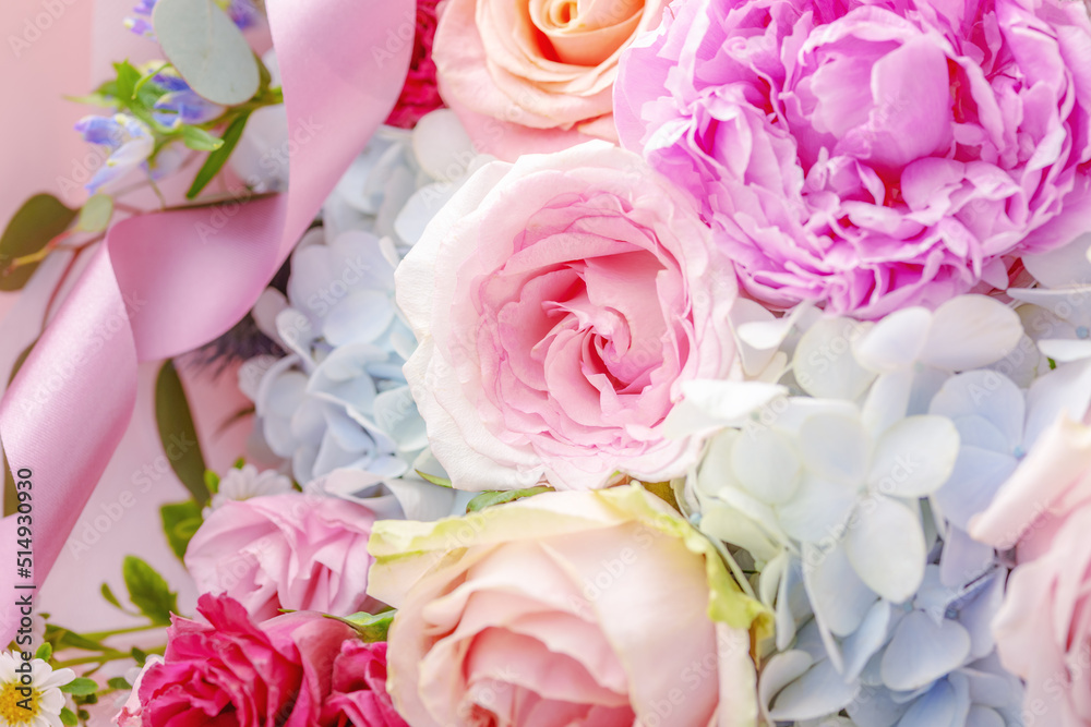 Colorful flower bouquet with roses and peony, festive and wedding background