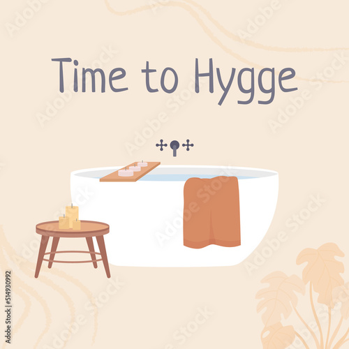 Time to Hygge card template. Mood and attitude. Comfort and cosiness. Editable social media post design. Flat vector color illustration for poster, web banner, ecard. Neucha font used