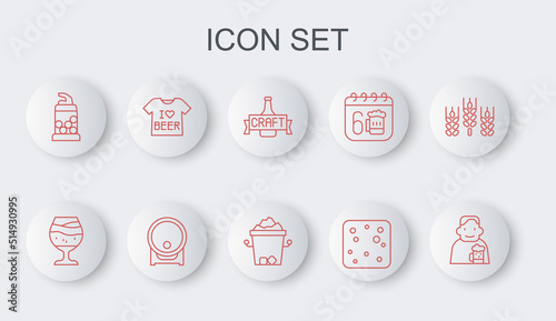 Set line Happy man with beer, Glass of, Beer bottle, bubbles, Bottle opener, T-shirt, Wooden barrel on rack and Ice bucket icon. Vector