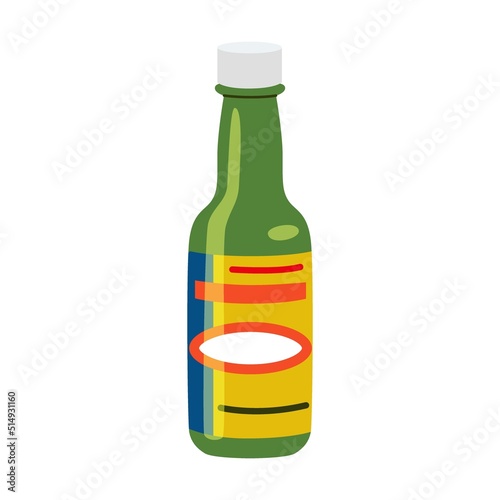 Spicy sauce vector illustration. Ketchup, hot tomato and chili sauces in bottles, red and yellow peppers isolated on white background