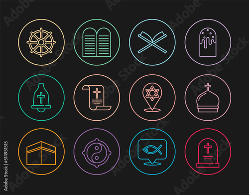 Set line Tombstone with cross, Church tower, Holy book of Koran, Decree, paper, parchment, scroll, bell, Dharma wheel, Star David and The commandments icon. Vector