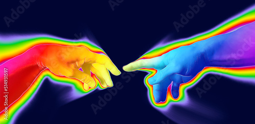 Fototapeta Reaching hands concept illustration in rainbow LGBT glowing bright colors isolated on dark blue background