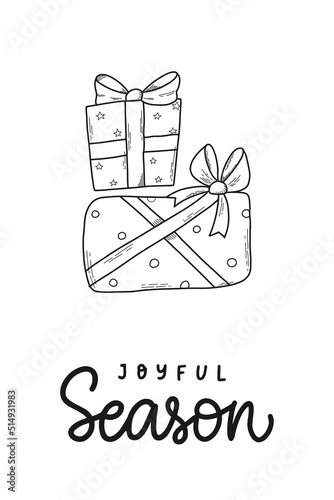 Christmas greeting card, poster, print, banner, invitation, sublimation, sticker, coloring page design. Lettering quote 'Joyful season' decorated with doodles. EPS 10
