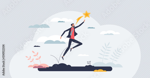 Opportunity advantage for business achievement boost tiny person concept. Catching career target or business goals with effective strategy and determination vector illustration. Jump high to stars.