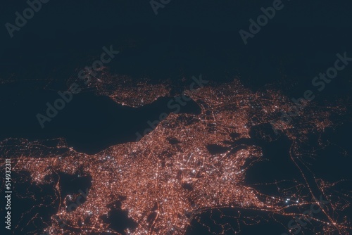 Izmir aerial view at night. Top view on modern city with street lights
