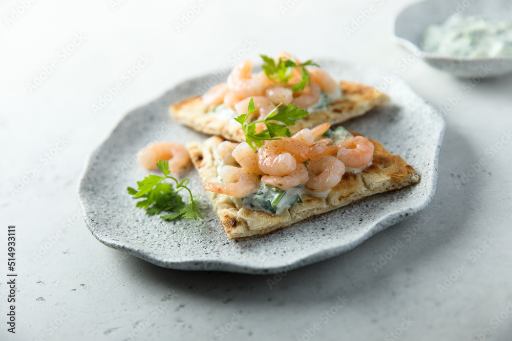 Sandwich with cream cheese and shrimps