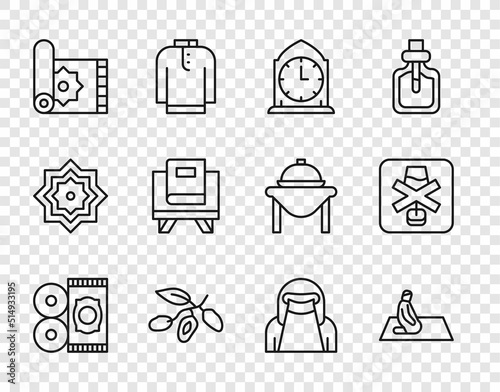 Set line Traditional carpet, Muslim man prays, Clock, Date fruit, Holy book of Koran, woman in niqab and No alcohol icon. Vector