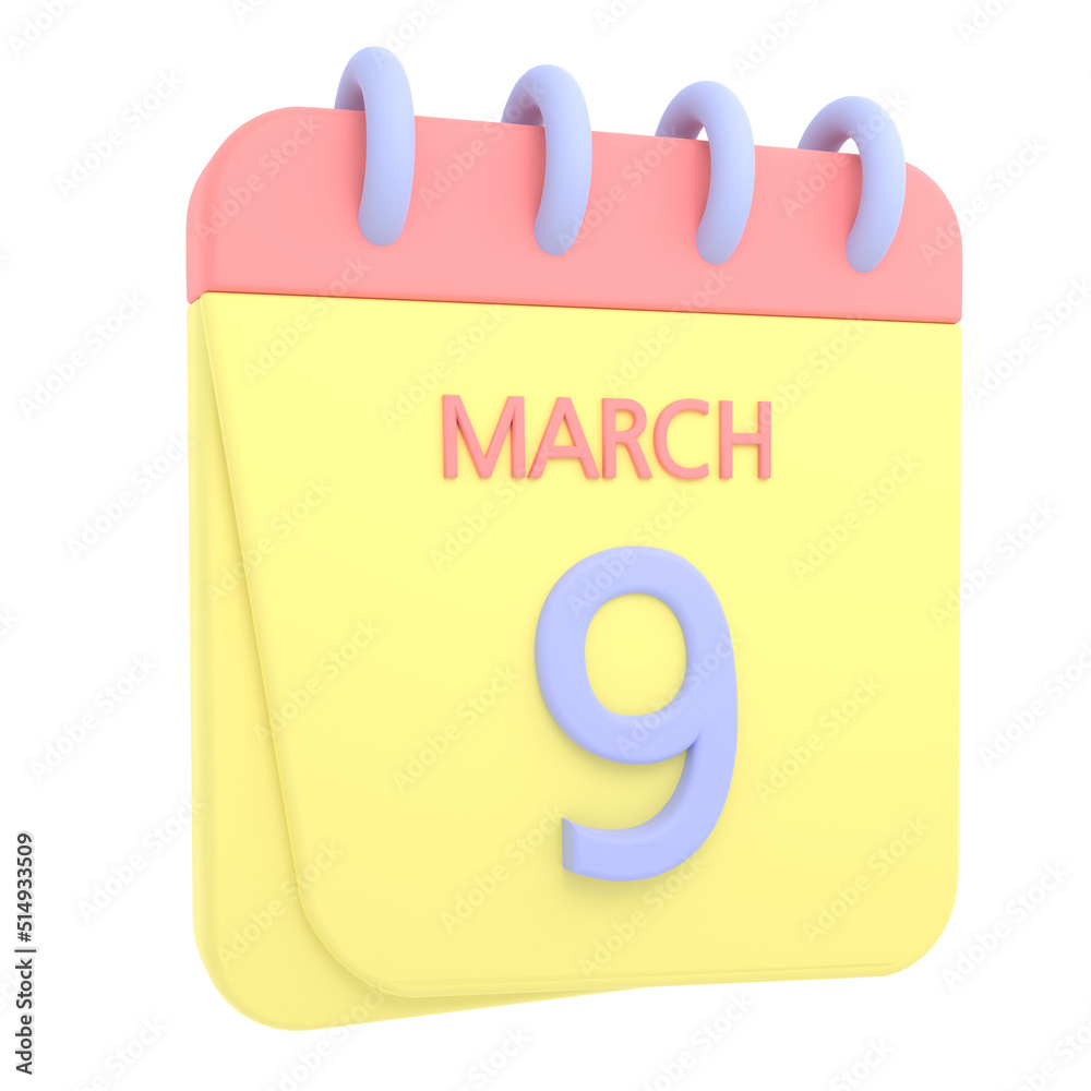 9th March 3D calendar icon. Web style. High resolution image. White background