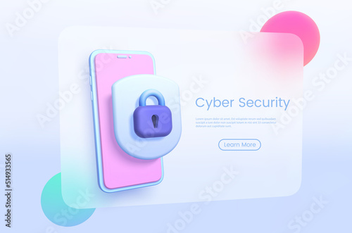Cyber Security Glassmorphism in 3d style on light background. 3d glassmorphism for web background design. Vector Illustration