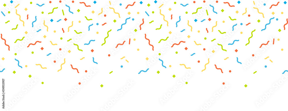 Abstract background with many falling tiny colorful confetti pieces and ribbon. Vector illustration.