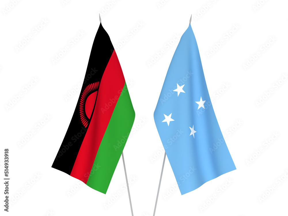 Obraz premium National fabric flags of Federated States of Micronesia and Malawi isolated on white background. 3d rendering illustration.
