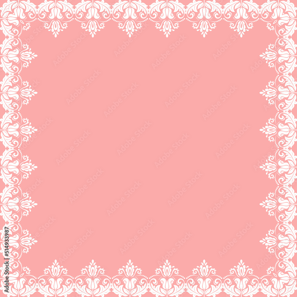 Classic square frame with arabesques and orient elements. Abstract pink and white ornament with place for text. Vintage pattern Classic square frame with arabesques and orient elements. Abstract pink and white ornament with place for text. Vintage pattern