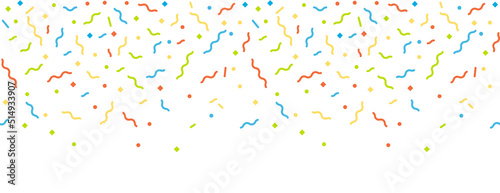 Abstract background with many falling tiny colorful confetti pieces and ribbon. Vector illustration.